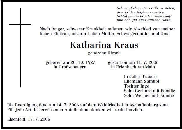 Hiesch Katharina 1927-2006 Todesanzeige